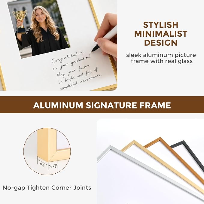 Signature Picture Frame 18x18, Aluminum Signable Frame with Glass, Gol | Elegant Gold Signable Frame with 8x8 for Wedding, Graduation, Birthday & Baby Shower Guest Book| Real Glass & Wall Kit