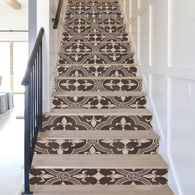 REDAMANCY Vintage Beige Dark Brown Damask Flower Peel and Stick Vinyl Stair Riser Decals Staircase Tile Stickers Decor Modern Marble Decoration Self-Adhesive(14 Pcs)