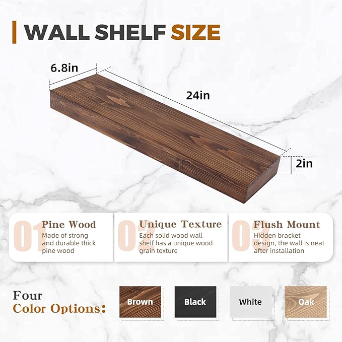 24x6.8x2 Inch Rustic Floating Shelves for Wall Set of 2 - Brown Solid Wood Wall Mounted Shelves with Invisible Bracket, Extended Design for Farmhouse Living Room Bedroom Kitchen Decor
