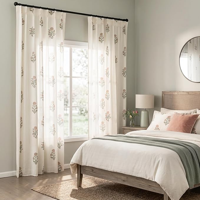 Dusty Rose Pink and Sage Green Floral Whimsical Spring Curtains, 96 Inch Romantic Cottage Lightweight Linen Sheer Pinch Pleated Drapes, Vintage Grandma Core Decor for Living Room Bedroom, 2 Panels Set