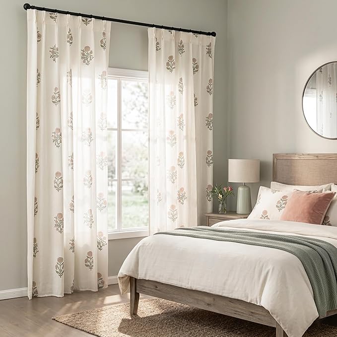 Pink Vintage Floral Linen Curtains, Cottage Core Light Filtering Sheer Pinch Pleated Drapes, Cottagecore Shabby Chic Dusty Rose Sage Green Coquette Curtains for Bedroom Living Room Nursery Girls, 84"L
