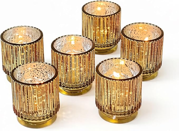 Kate Aspen Gold Votive Candle Holders - Vintage Ribbed Glass Candle Holder Set of 6 - Mercury Glass Tealight Holders for Christmas Table Decor, Holiday Centerpieces, Fall Thanksgiving Tablescape