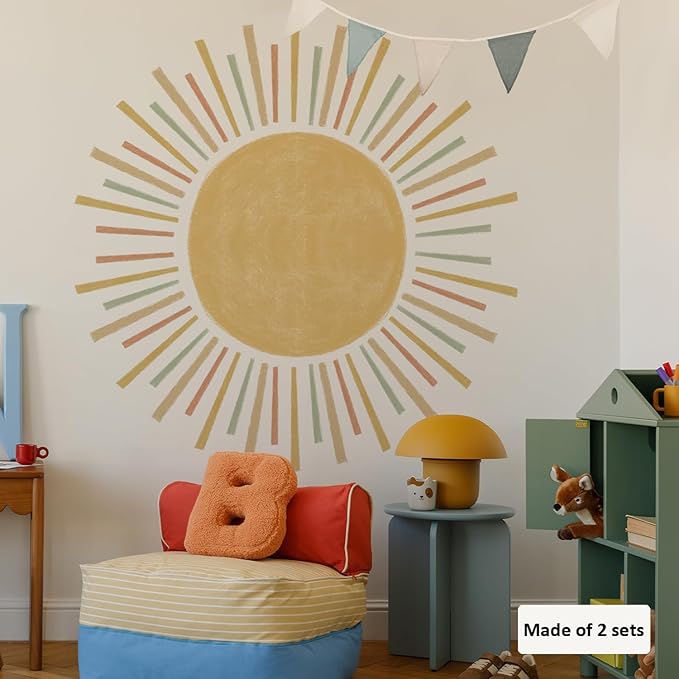 Large Boho Half Sun Wall Decals Peel and Stick, Watercolor Pastel Sun Decal Sunrise Wall Murals Stickers, Sunshine Wall Stickers for Kids Room Playroom Nursery Bedroom, 48.07" x 24.82"