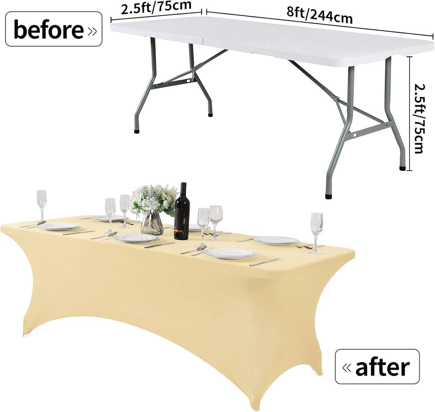 2Pack Spandex Table Cover for 8FT or 4ft or 6ft Table Universal Fitted Stretch Tablecloth for Party, Banquet, Wedding and Events-Champagne