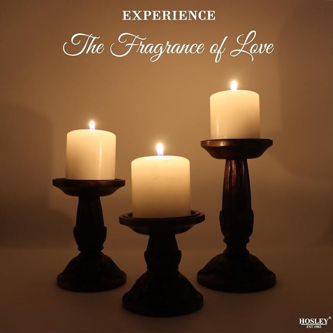 Hosley Set of 3 Wood Pillar Candle Holders 8", 6", 4.25" High Dark Brown Wooden Candlestick Set for Table Centerpiece Ideal for LED & Wax Candles, Rustic Home Decor, Wedding, Party, Spa, Reiki