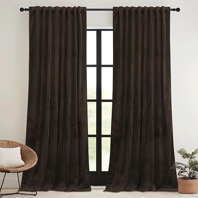 RYB HOME Brown Velvet Curtains for Bedroom Living Room, Thermal Insulated Privacy UV Heat Blocking Luxurious Drapes for Nursery Dining Room, 62" W x 96" L, 2 Panels, Rod Pocket/Back Tab/Hook Belt
