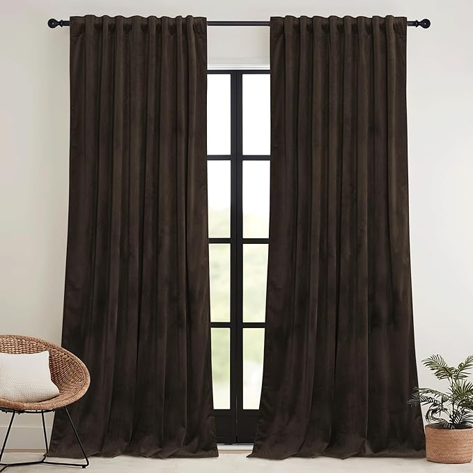 RYB HOME Brown Velvet Curtains for Bedroom Living Room, Thermal Insulated Privacy UV Heat Blocking Luxurious Drapes for Nursery Dining Room, 52" W x 92" L, 2 Panels, Rod Pocket/Back Tab/Hook Belt