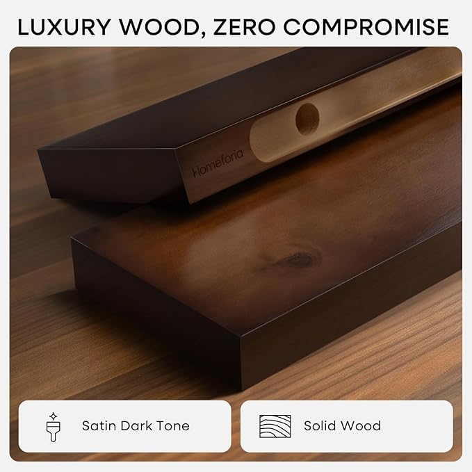 Homeforia Walnut 42 inch Floating Shelves, High End Solid Real Wood 42inch Floating Shelf for Wall, Large Dark Brown 42 inches Long Floating Shelves, Heavy Duty Bracket, 42 X 6.5 X 1.75 inch, Set of 3