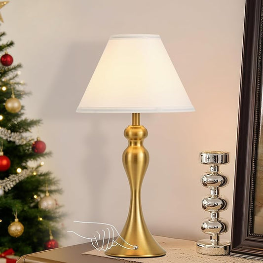 Rechargeable Cordless Table Lamps, Battery Operated Lamp with Fabric Shade for Decor, 3 Color Stepless Dimming LED Table Light, Nightstand Lamp for Nursery, Bedroom, Living Room, Home Office (Brass)