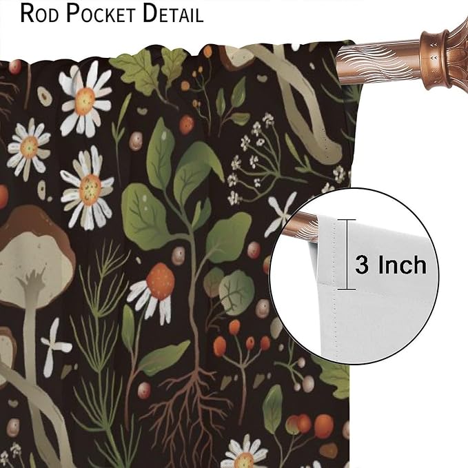 Mushroom Curtains,Green Plant Forest Botanical Print Window Treatments for Bedroom Living Room Kitchen Cartoon Herbs Floral Window Drapes 2 Panels Set,Total Size 55 x 63 Inch