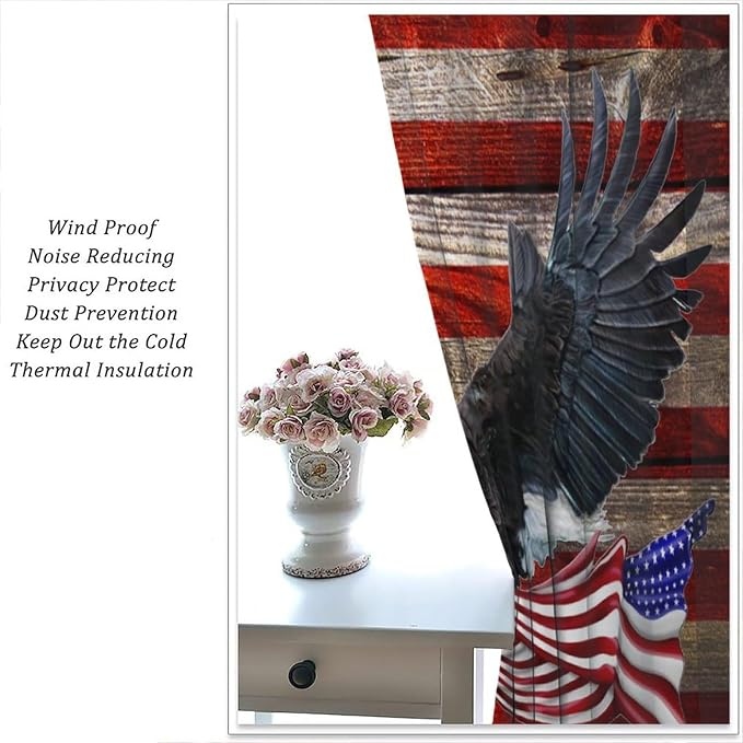 American Flag Curtains, Rustic 4th of July Independence Day Bald Eagle USA Stars Drapes for Bedroom Living Room Kitchen Window Treatment 2 Panels Set Total Size 63" W X 63" L Inch