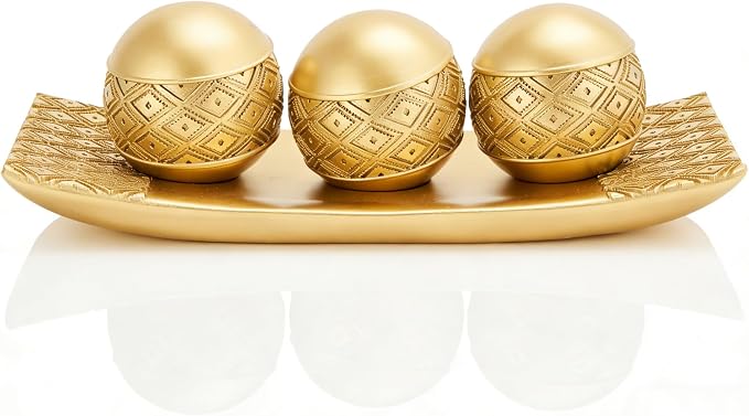Gold Decorative Orbs with Tray Set, 3Pcs Resin Decorative Balls with Tray, Modern Accent Sphere for Coffee Table, Dining Table, Living Room, Entryway