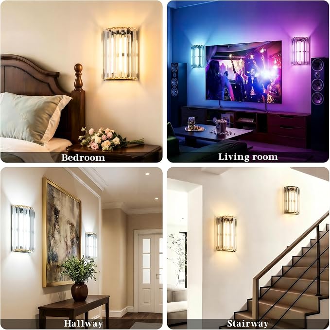 Black and Gold Battery Operated Wall Sconces Set of 2, Crystal Wireless Wall Lights with Remote, Rechargeable Cordless Wall Lamps 12 RGB and 3 CCT Dimmable Decor for Bedroom Living Room