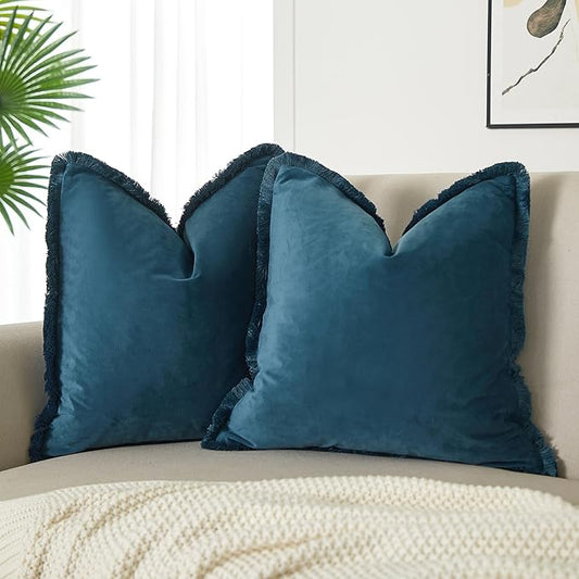 JUSPURBET Prussian Velvet Throw Pillow Covers 22x22 Inch Set of 2 with Soft Tassel Fringe Luxury Boho Pillowcase for Sofa Couch Bed Home Decor Machine Washable