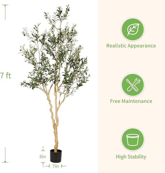Realead Faux Olive Tree 7ft - Realistic Tall Olive Trees Artificial Indoor - Large Fake Olive Tree with Natural Wood Trunk and Lifelike Leaves - Artificial Olive Tree for Home Office Decor