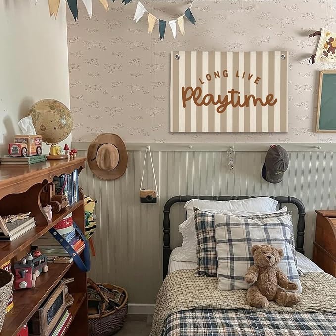 Play Decor, Long Live Playtime Wall Hanging Linen Banner, Brown Striped Wall Flag for Play Room Playroom Decor, 20x30 Inch-Brown