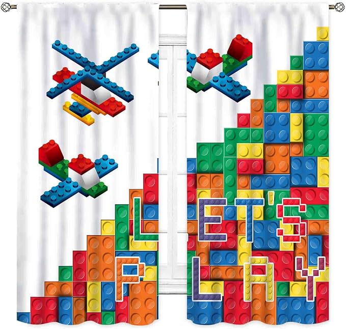 Building Blocks Curtains for Boys Room, Abstract Colorful Plastic Building Brick Blocks Geometric Helicopter Aircraft Pattern Window Drapes for Baby Bedroom Living Room, 84"x84" Inch