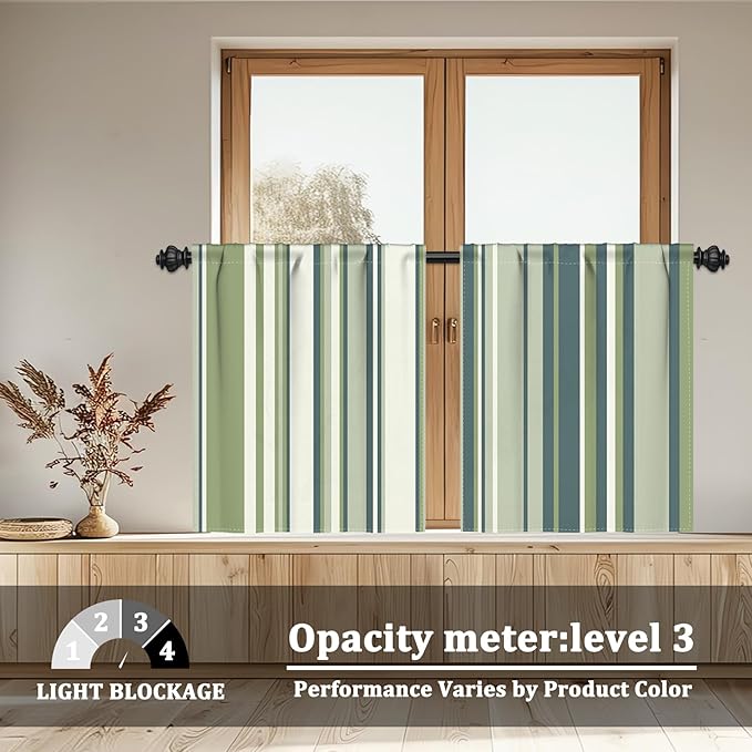 Renaiss 26 x 24 Inch Green Stripe Linen Kitchen Curtains Rod Pocket Window Treatment Tier Decor Curtain for Living Room Bathroom Cafe Small Window Farmhouse Rustic Pinstripe Window Drapes 2 Panels