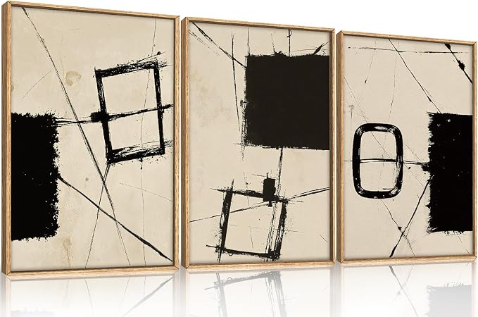 HOURIA Abstract Neutral Black Beige Brush Stroke Framed Canvas Wall Art Set,Wabi Sabi Geometric Grunge Line Shapes Wall Decor,Modern Minimalist Ink Sketch Artwork for Living Room,Farmhouse-16 x24 x3