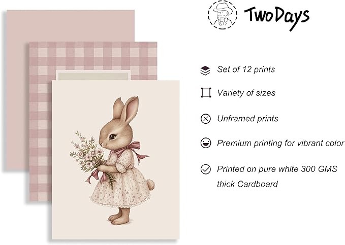 TwoDays Vintage Nursery Decor for Baby Girls, Pink Rabbit Bunny Wall Art for Toddler Kids Playroom, Swan Animals Posters for Bedroom (Multi Sizes, Set of 12, 8 × 10 Largest, UNFRAMED)