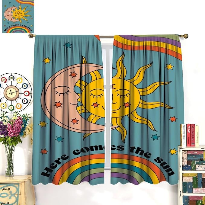 Boho Retro Moon Blackout Curtains, Abstract Vintage 70s Rainbow Mid Century Colour Art Print Window Drapes, for Living Room Bedroom 42x63in 2 Panels