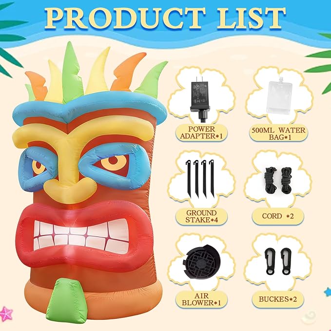 3.9Ft Tiki Inflatable Luau Decoration, Outdoor Hawaiian Blow up Decor with LED Lights, Pool Party Summer Decor Tiki Bar Statue Ornaments for Tropical Party Lawn Luau Aloha Bar Beach