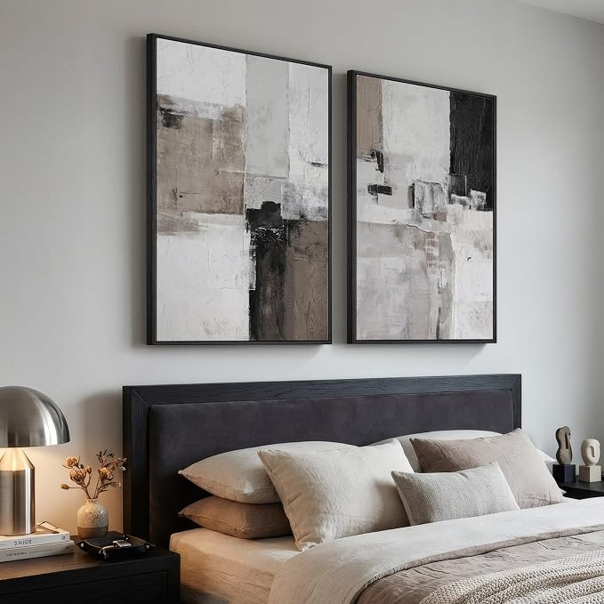 Framed Abstract Black and White Brown Wall Art for Living Room, Set of 2 Large Modern Prints Canvas Artwork for Walls, Minimalist Paintings Pictures Abstract Wall Decor for Bedroom Hallway, 24x36 Inch
