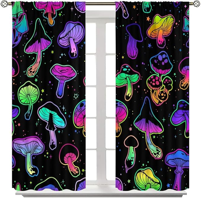 Mushroom Curtains Colorful Cartoon Plant Print Window Treatments for Bedroom Living Room Kitchen Fantasy Psychedelic Mushroom Window Drapes 2 Panels Set,Total Size 55 x 63 Inch