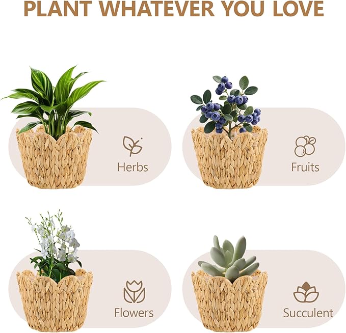3 Pack Wicker Scalloped Plant Basket, Plant Baskets with Plastic Liner for Indoor, Hand Woven Water Hyacinth Flower Pots Cover Rattan Planter Basket for Home Farmhouse Decor, 10.2"+8.7"+6.7"