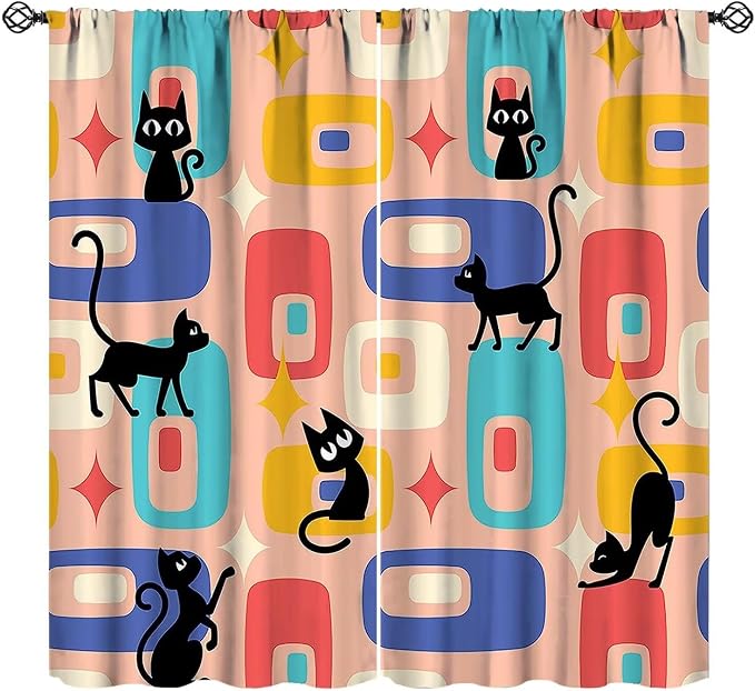 JESTRONRY Mid Century Style Curtains, Black Cat Modern Abstract Geometric 1950s 60s Vintage Colorful Blackout Rod Pocket Window Drapes for Living Room Bedroom Home Decor 42x45in