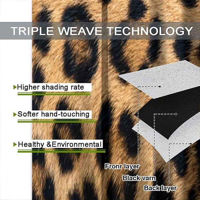 Leopard Print Blackout Curtains, Retro Wild Animal Skin Black Brown Fur Leopard Print Rod Pocket Curtain Window Treatments 2 Panels Drapes for Nursery Living Room Bedroom Office Decor 42"W X 63"L