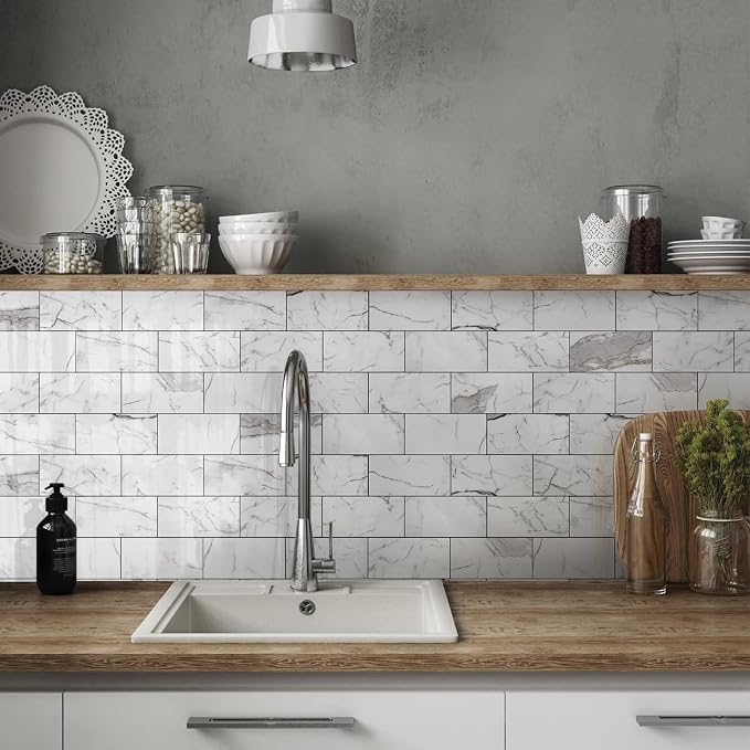 Vamos Tile 4-Piece Peel and Stick Backsplash Seamless Tile,3''x6'' Glossy Statury White with Dark Gray Grout Subway Tile,Stick on Backsplash for Kitchen/Bathroom/Laundry Room