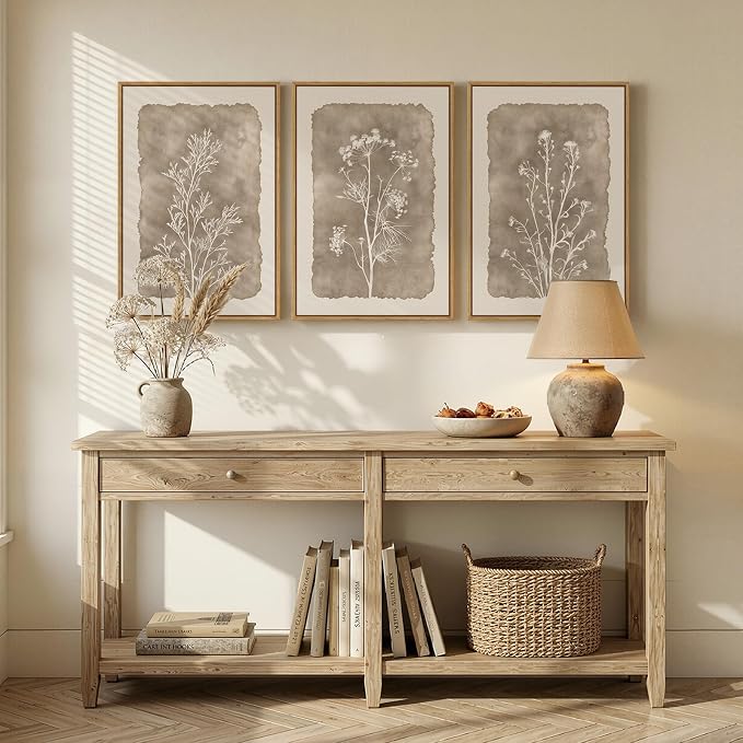 3 Piece Framed Neutral Botanical Wall Art Set, Large Farmhouse Floral Canvas Prints Paintings, Minimalist Wildflower Plant Artwork Decor for Living Room Bedroom Dining Room 16x24 Inch