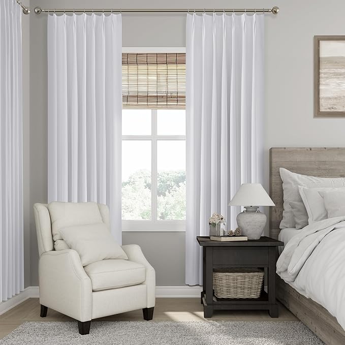 White Pinch Pleated Curtains Full Blackout Linen Curtain Thermal Insulated Window Curtains 80 inch for Living Room Bedroom Room Darkening Pinch Pleat Drapes with Hooks Back Tab 2 Panels 40" Wx80" L