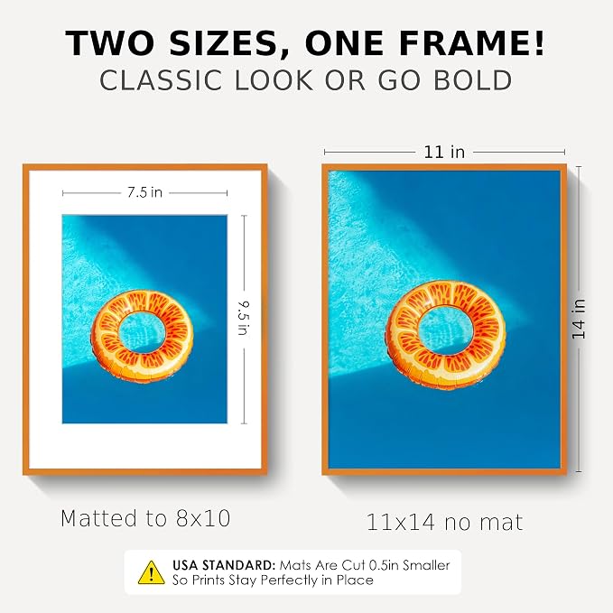 11x14 Picture Frame for 8x10 Photo, Minimalist Aluminum Frame, Orange | Sleek Metal Frame for Wall, Desk & Gift | Shatterproof Glass & Hardware