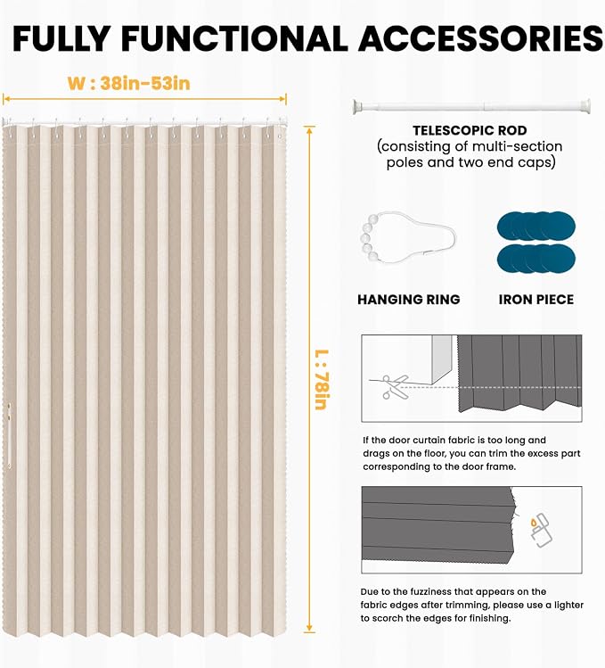 AJAZZ Set: Curtain Rods No Drilling (38-53" W Adjustable Range) & Accordion Door Curtain, Beige 53W×78" L, Accordion Doors for Closet Doorway Room Divider