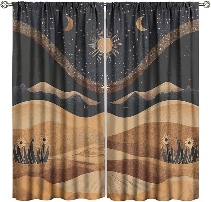 Sun Moon Blackout Curtains, Vintage Country Abstract Mid Century Desert Landscape Window Drapes, for Bedroom Living Room 42" W X 54" L