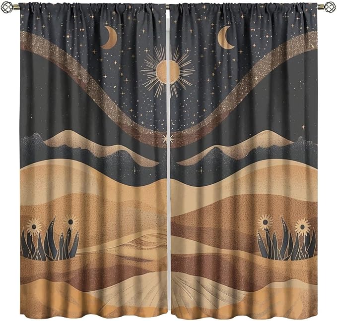 Sun Moon Blackout Curtains, Vintage Country Abstract Mid Century Desert Landscape Window Drapes, for Bedroom Living Room 42" W X 63" L