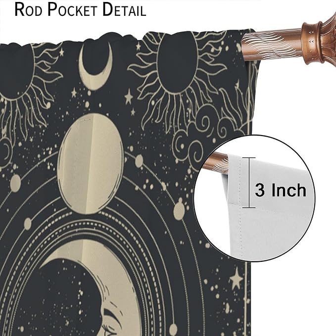 Sun Moon Blackout Curtains, Bohemia Retro Moon Phase Gothic Rod Pocket Window Treatment Drapes for Bedroom Living Room 63" W X 63" L