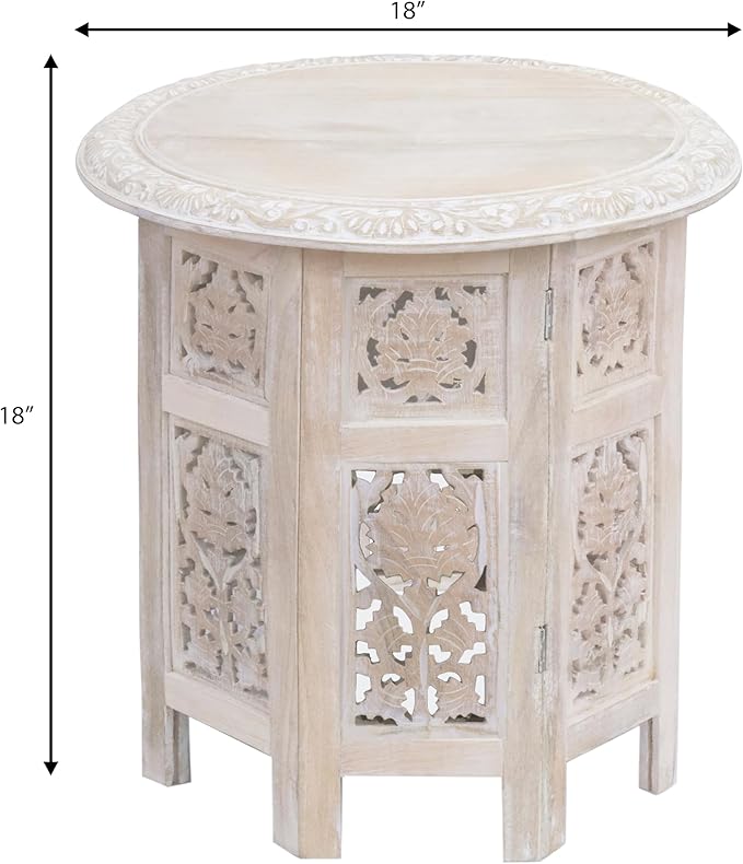 COTTON CRAFT Solid Wood End Table - Hand Carved Vintage Boho Folding Accent Side Table - Small Spaces - Entryway Farmhouse Living Room Bedside - No Tools Assembly - 18x18 Round - White Wash