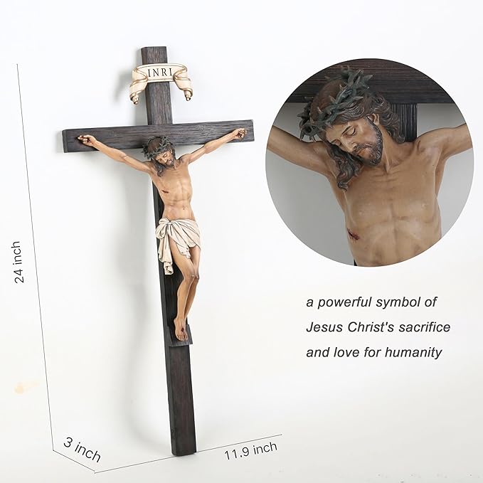 BC Catholic Crucifix Wall Cross 24" H Religious Cross for Wall | Jesus Christ Catholic Home Decor, Religious Gifts, Collectable Statue Renaissance Sculpture handmade By Buildclassic
