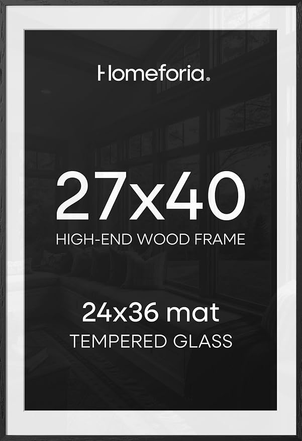 Homeforia 27x40 Picture Frame Black Wood, High End Oak 27x40 Large Picture Frames with Mat 24x36 inch Photo, 27 x 40 Wooden Frame Matted to 24 x 36, 40x27 Thin Frame, Tempered Glass, Wall Kit, Set of 1