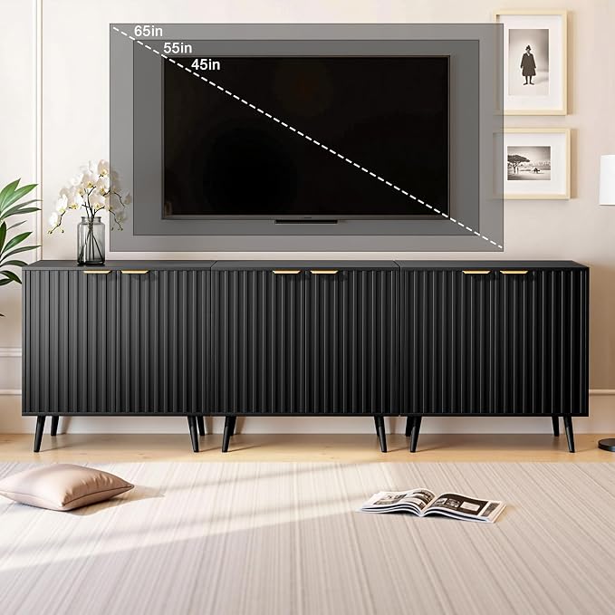 Set of 2 Fluted Storage Cabinet, Buffet Cabinet with Storage, Wood Sideboard with Adjustable Shelf, Modern Accent Cabinet & Console Table for Entryway, Living Room, Dining Room, Black