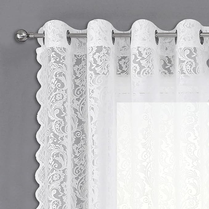 Bujasso White Sheer Lace Curtains 63 inch Vintage Floral Sheer Window Curtain Panels for Living Room Bedroom Light Filtering White Drapes Window Treatment Sets Grommet Top 2 Panels 54" Wx63 L