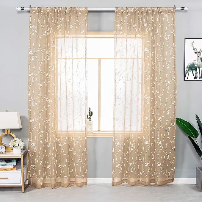 AmHoo 2 Panels Embroidered Leaf Pattern Semi Sheer Curtains Foliage Floral Voile Window Draperies Treatment for Bedroom Living Room Rod Pocket Beige 53 x 84 Inch