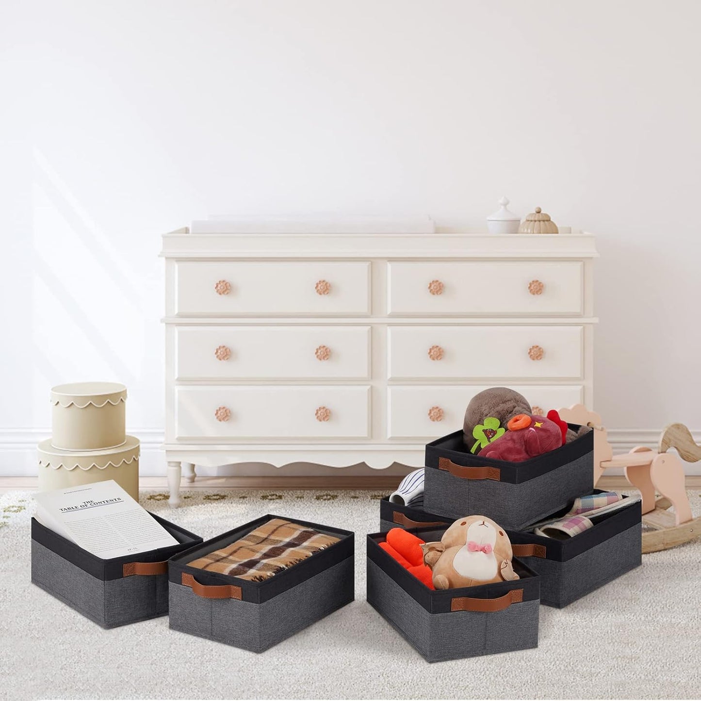 GhvyenntteS Small Fabric Storage Bins 12 Pack, 11.8" x 7.87" x 5.11" Storage Basket with Leather Handles, Closet Storage Bins for Shelves, Storage Baskets for Shelves, DVD Storage (Grey/Black)