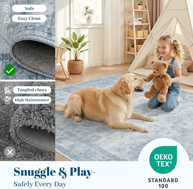 Homemate Washable Rug 10x12 Area Rugs - Vintage Faux Wool Rugs for Living Room Bedroom Dining Room - Non Slip Foldable Carpet Indoor Area Rug for Home Decor（10'x12', Blue