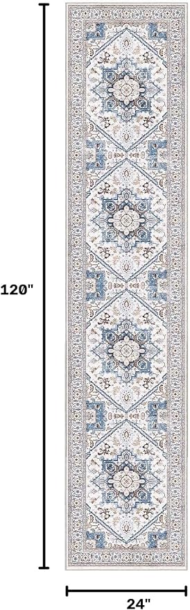 OPPODREAM Soft Entryway Rug 2x10, 2x10 Rug Runner, Neutral Washable Hallways Carpet 2 x 10 with Non Slip Backing, Low-Pile Bedside Carpet 2 x 10, Long, Faux Cashmere, Cream White & Blue & Light Brown