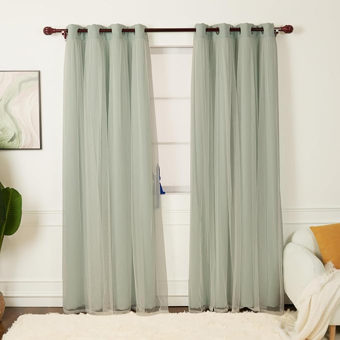 INLINAS 52 x 96 Inch Blackout Curtains with Sheer Overlay - Grommets Thermal and Noise Reduction Panels for Bedroom and Living Room Light Blocking and Energy Saving, Mint, Set of 2