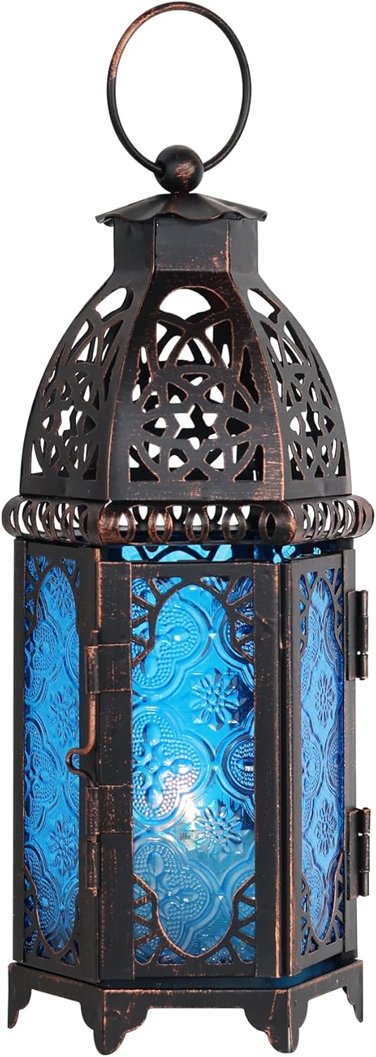 NEEDOMO Hanging Moroccan Lantern, 11'' Vintage Candle Holder, Metal Lanterns Decorative Indoor Outdoor, Table, Patio, Porch, Shelf, Gothic Home Decor (Blue, Medium Size)